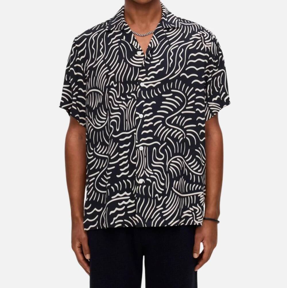 NEW OAS tar lorenzo short sleeve viscose shirt in black/white
